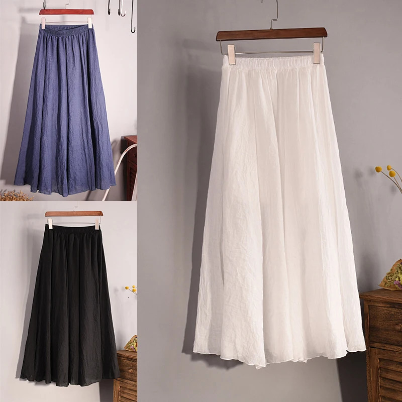 Vintage Solid Pleated Long Skirts Cotton Linen Maxi Skirt for Women Summer Elastic Waist Girls Boho Beach Skirt A-Line Skirt 260306
