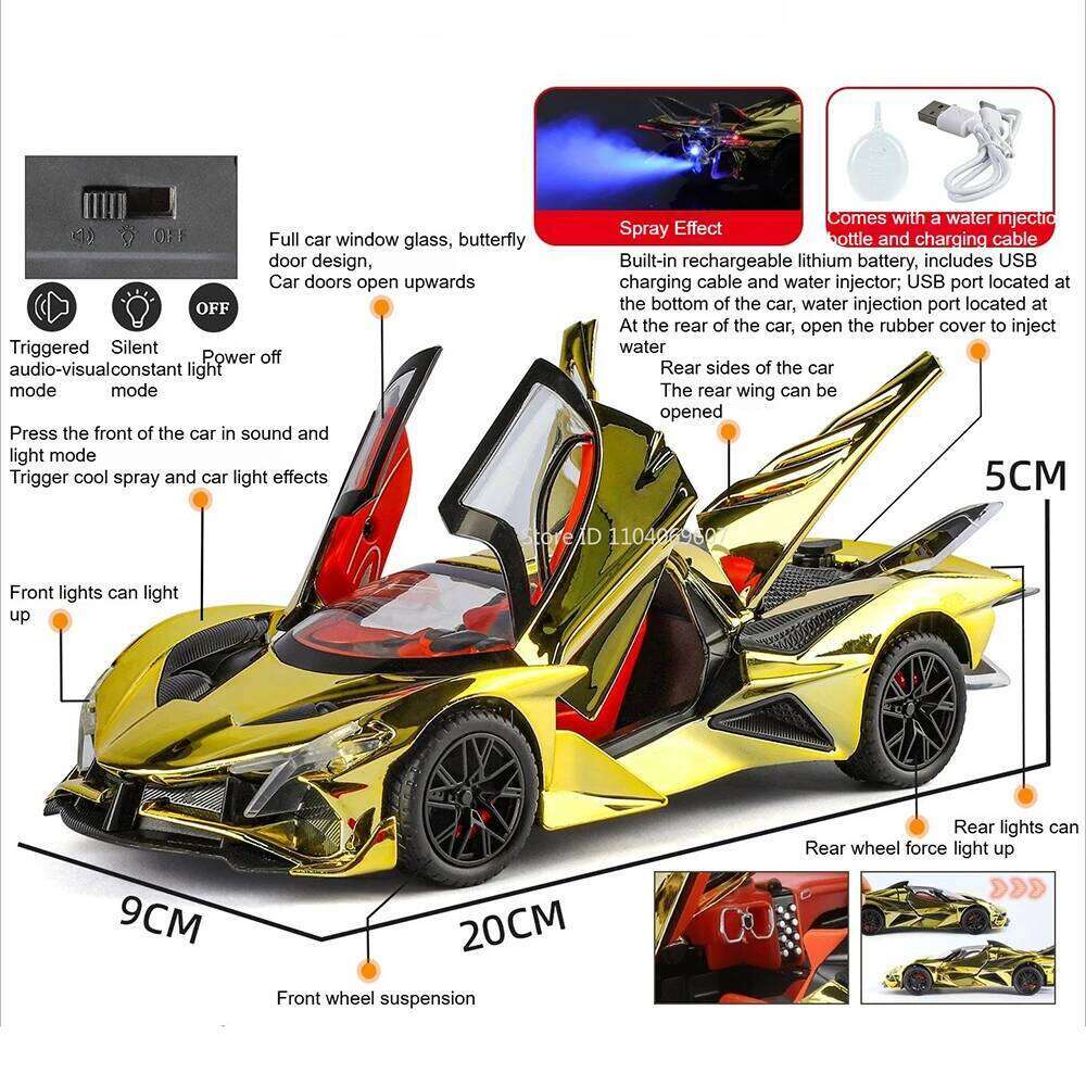 1:24 Apollo EVO Senna Toys Alloy Diecast Sports Car Model with Spray Doors Opened Sound Light Pull Back Vehcie Children Toy Gift Z260306
