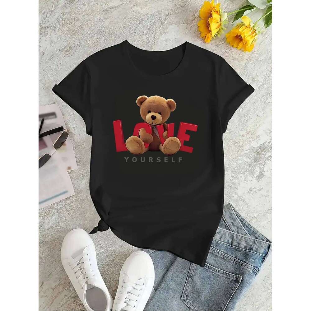 Women's Slim Fit Round Neck Graphic T-Shirt Multicolor Teddy Bear 'I Love Myself' Casual Top XJ260306 XJ260306