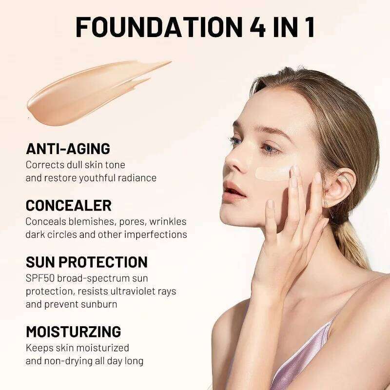4 in 1 Liquid Hydrating Medium Full Coverage Concealer SPF 50+ Longwearing Waterproof Foundation Natural Face Makeup 26L0306