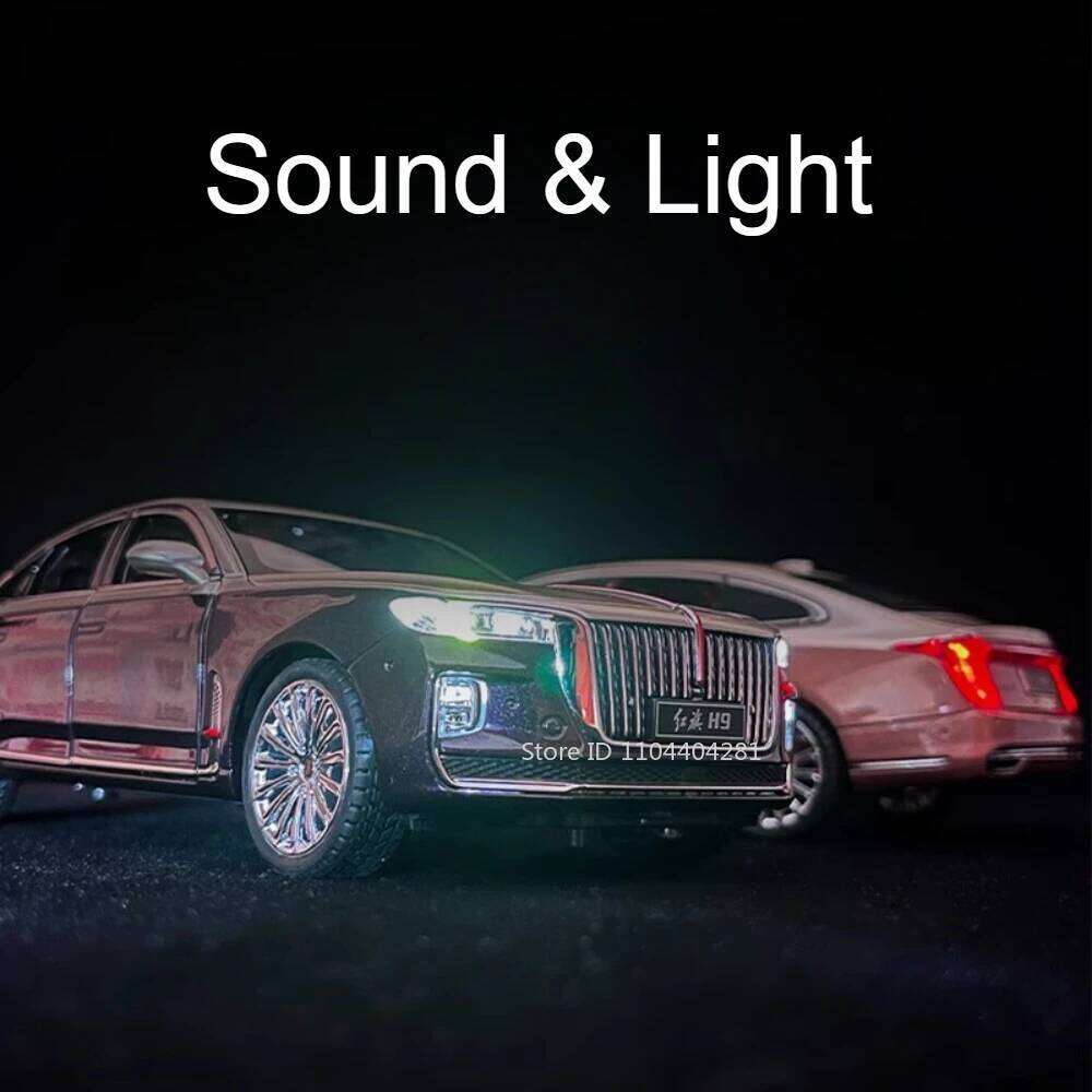 1:24 HONGQI H9 L5 Alloy Model Diecast Car Toy Sound Light Pull Back Door Opened Front Wheel Steering Vehice Collectible Ornament Z260306