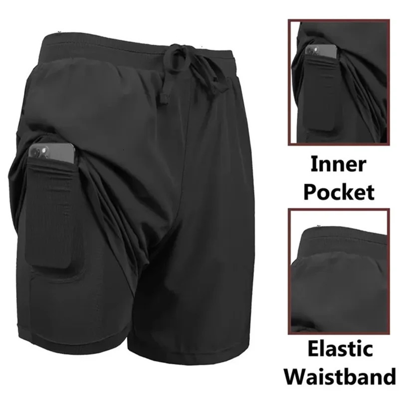 Mens Builtin pocket Shorts Quickdrying Fitness Double Layer Men Breathable Workout Training casual Sports Short Pants 260306