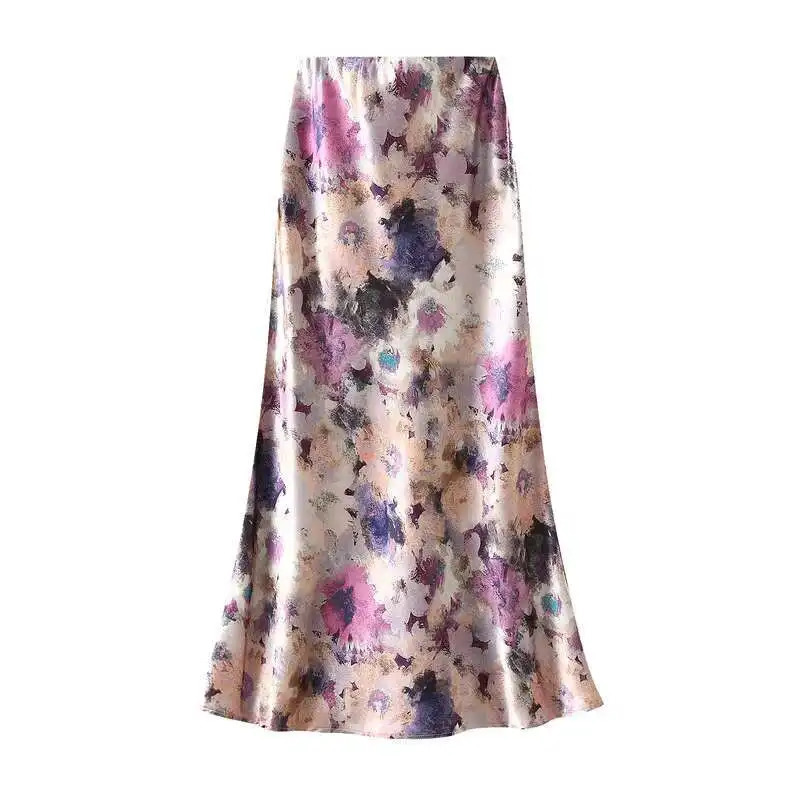 In Women Spring Summer Floral Print Satin Long Skirts 2026 Trendy High Waist Elegant Faldas 260306