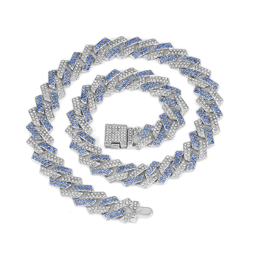 European and American Cross-Border Hot-Selling 15mm Diamond-Shaped Small Flip Cuban Chain High-Quality Pink Blue Hip-Hop Necklace Wholesale