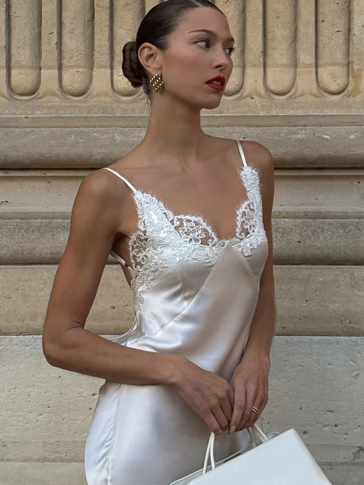 Lace Patchwork Sling Maxi Dress Women Sexy Solid Vneck Sleeveless Backless Satin Slim Long Gown Lady Chic Evening Party Dresses 260306