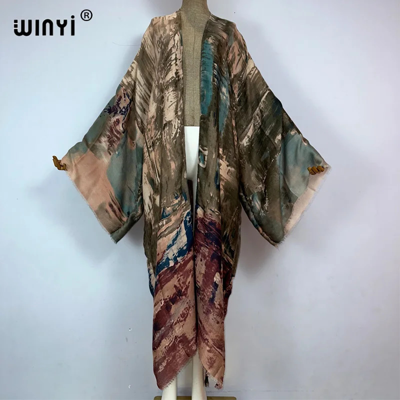 WINYI kimono Oil print Bikini Coverup Elegant beach outfits for women sexy cotton feeling vestidos para mujer dress kaftan 260228