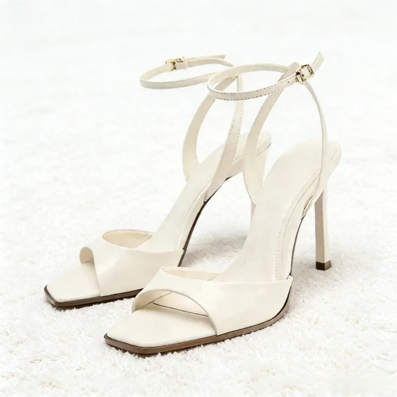 Gold Patent Leather Ankle Buckle High Heeled Sandals Women Sexy Square Toe Open Toe High Heels Summer Fashion Party Office Shoes 260306