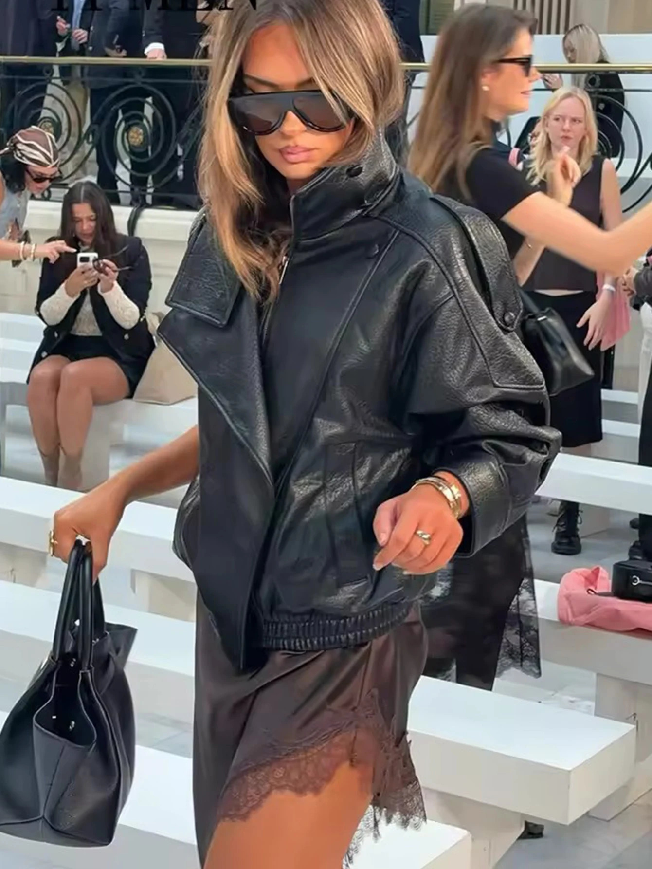 TFMLN Chic Black Faux Leather Jackets Women Long Sleeve Buttons Elastic Oversized Coats Fashion Autumn Winter Streetwear 260306