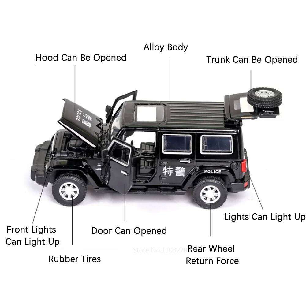 1:32 Wrangler Rubicon Diecast Off-road Vehicle Alloy Model Toys Car Doors Opened with Sound Light Pull Back Police Cars Kid Gift Z260306