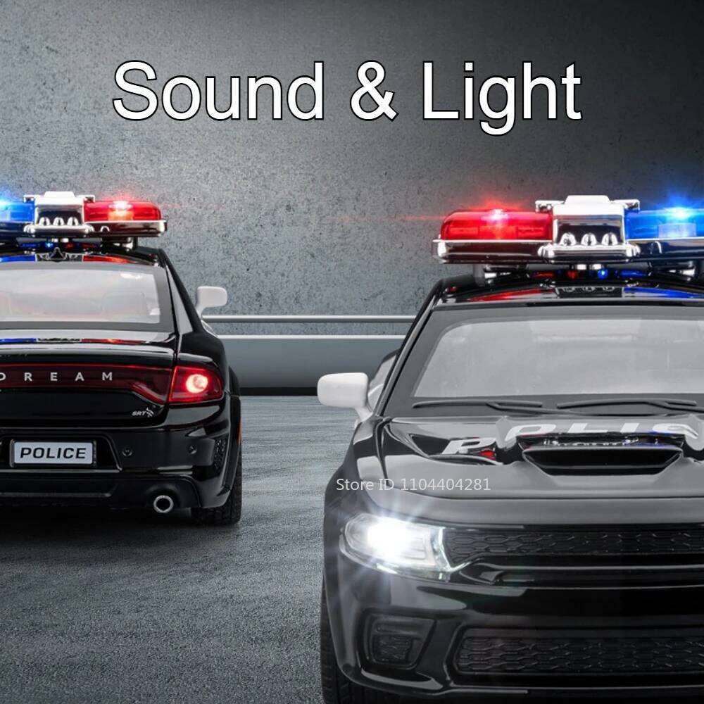 1:32 Charger Police Car Hellcat Alloy Diecast Model Toys Doors Opened Ornament Sound Light Pull Back Vehices Boy Collection Gift Z260306