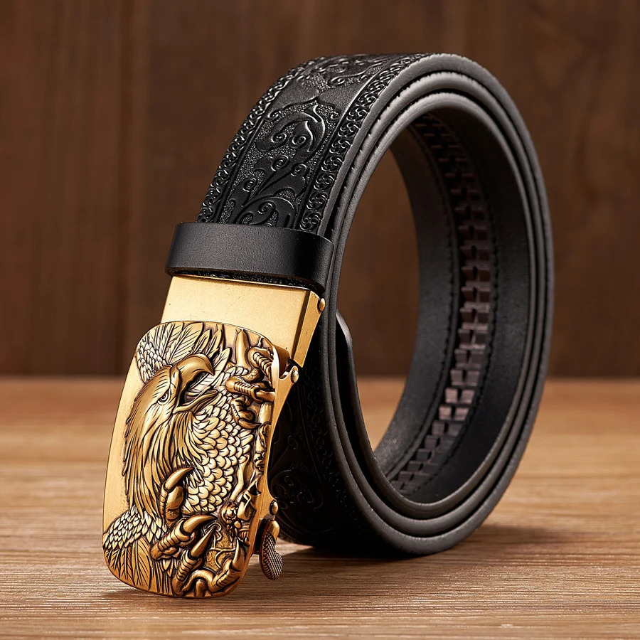 35CM Eagle Automatic Buckle Belt Emboss Cowskin Belt Quality Men Wasitbad Strap Genuine Leather Gift Business Belt For Jeans 260302