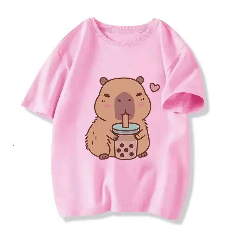 2025 Funny Capybara with Turtle Loves Bubble Milk Tea Printed T Girls/Boys Kawaii Kids Clothes Harajuku Shirt Tops XJ260306 XJ260306