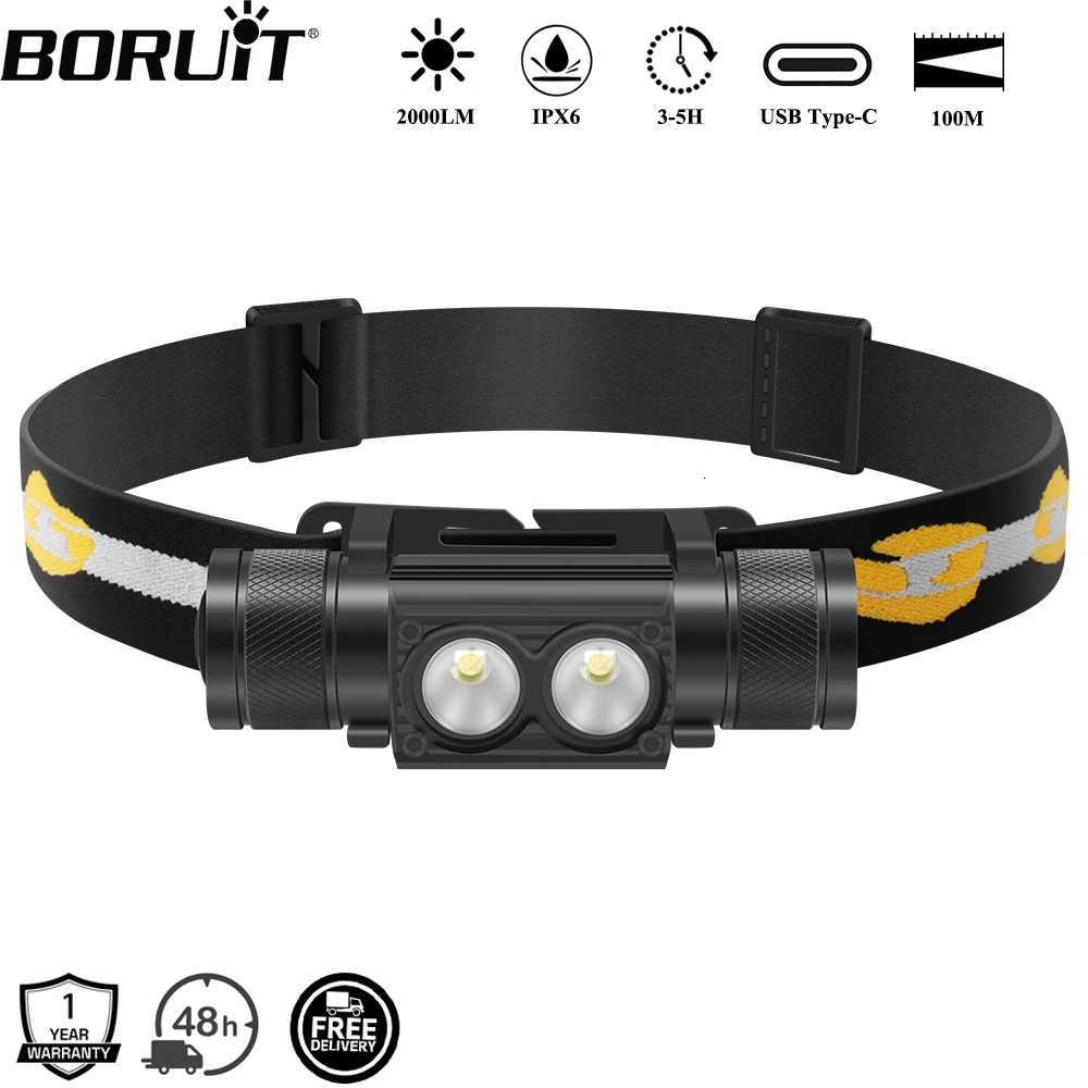 BORUiT D25 Dual LED Headlamp 2000LM Powerful Headlight Type-C Rechargeable 18650 Head Torch Waterproof Camping Fishing Lantern H260307