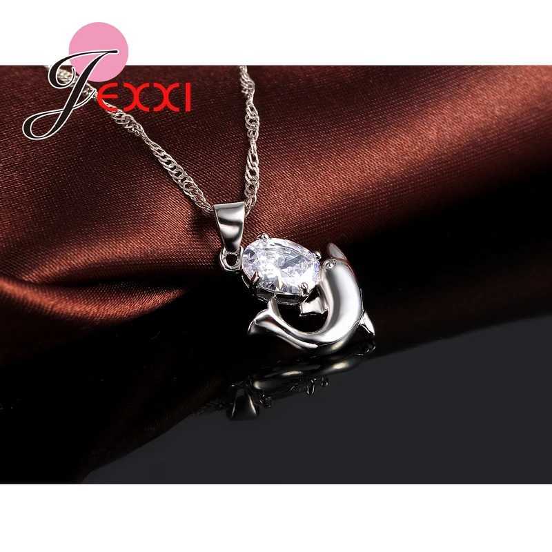 Fast Shipping Pretty CZ Cubic Zirconia Jewelry Set 925 Sterling Silver Romantic Dolphin Pendant Necklace Earrings Set H260307 - view 5