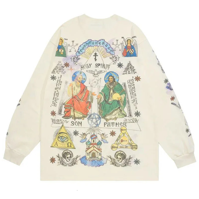 Men Retro Streetwear T Shirt Gods Graphic Hip Hop T-Shirt Cross Casual Tshirt Long Sleeve Cotton Tops Tees Unisex Hipster Beige 260304
