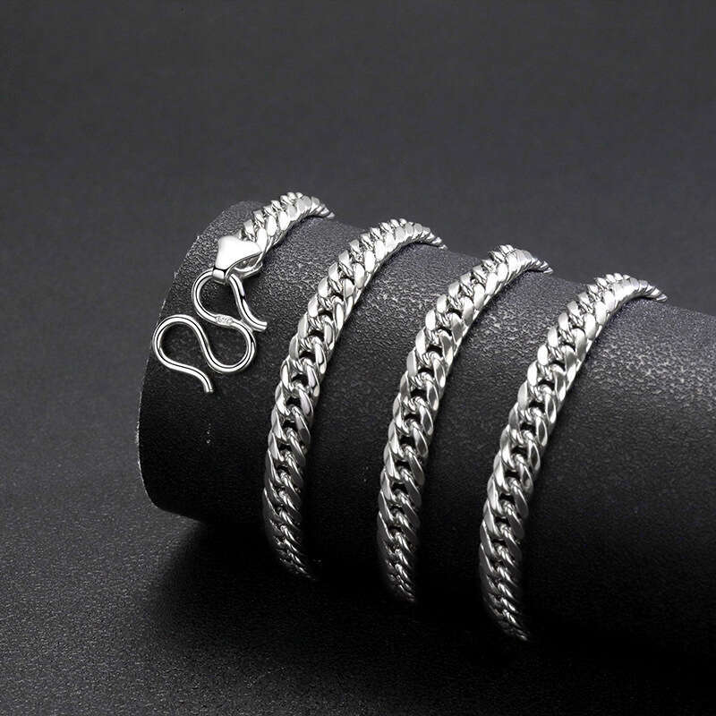 S925 silver side double buckle Cuban chain men, round polished chain, hip-hop high-quality versatile spring/summer necklace for men