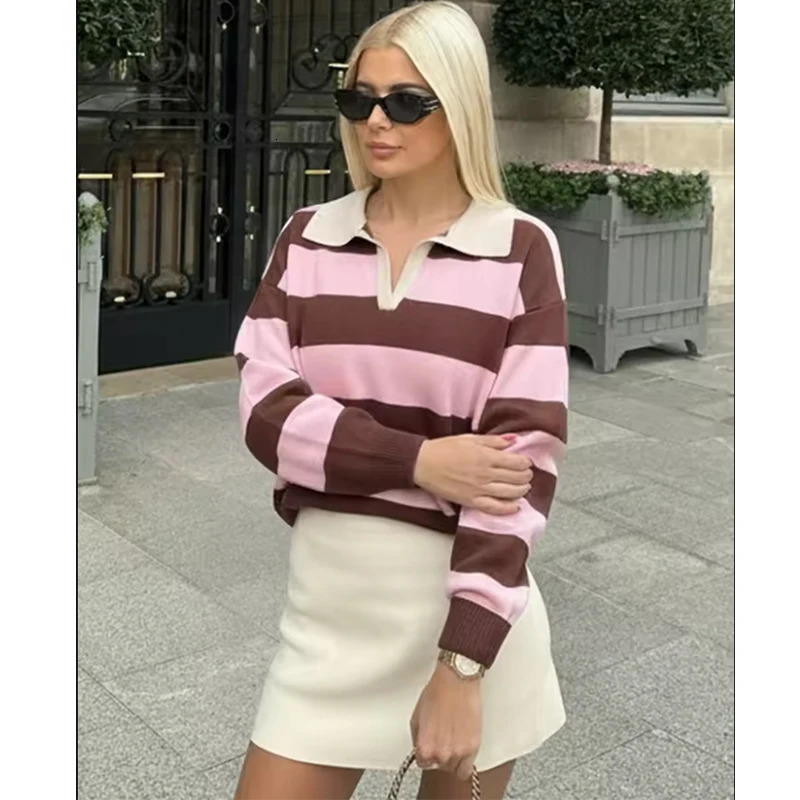 Womens 2026 Knitted Striped Sweater Polo neck Pullover Spring Fashion Loose Elegant Warm Young Women Street Blouses 260306