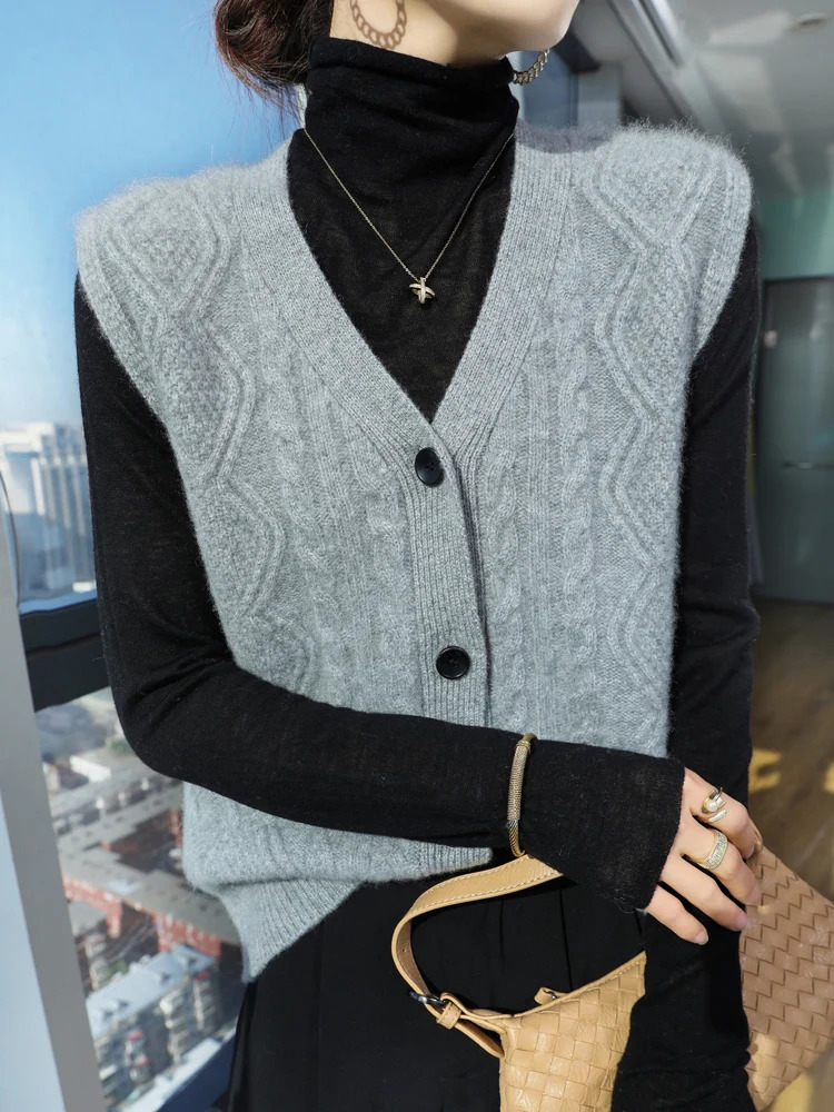 ANGEL Women Vneck Cashmere Vest Sleeveless Cardigan 100 Merino Wool Sweater Autumn Winter Thick Twist Flower Casual Waistcoat 260306