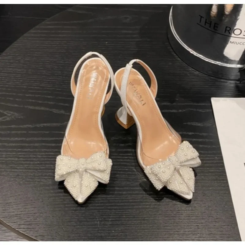 Fashion White Pearl Bowknot Women Pumps Sexy Pointed Toe High Heels Wedding Prom Shoe PVC Transparent Sandal Female 260303