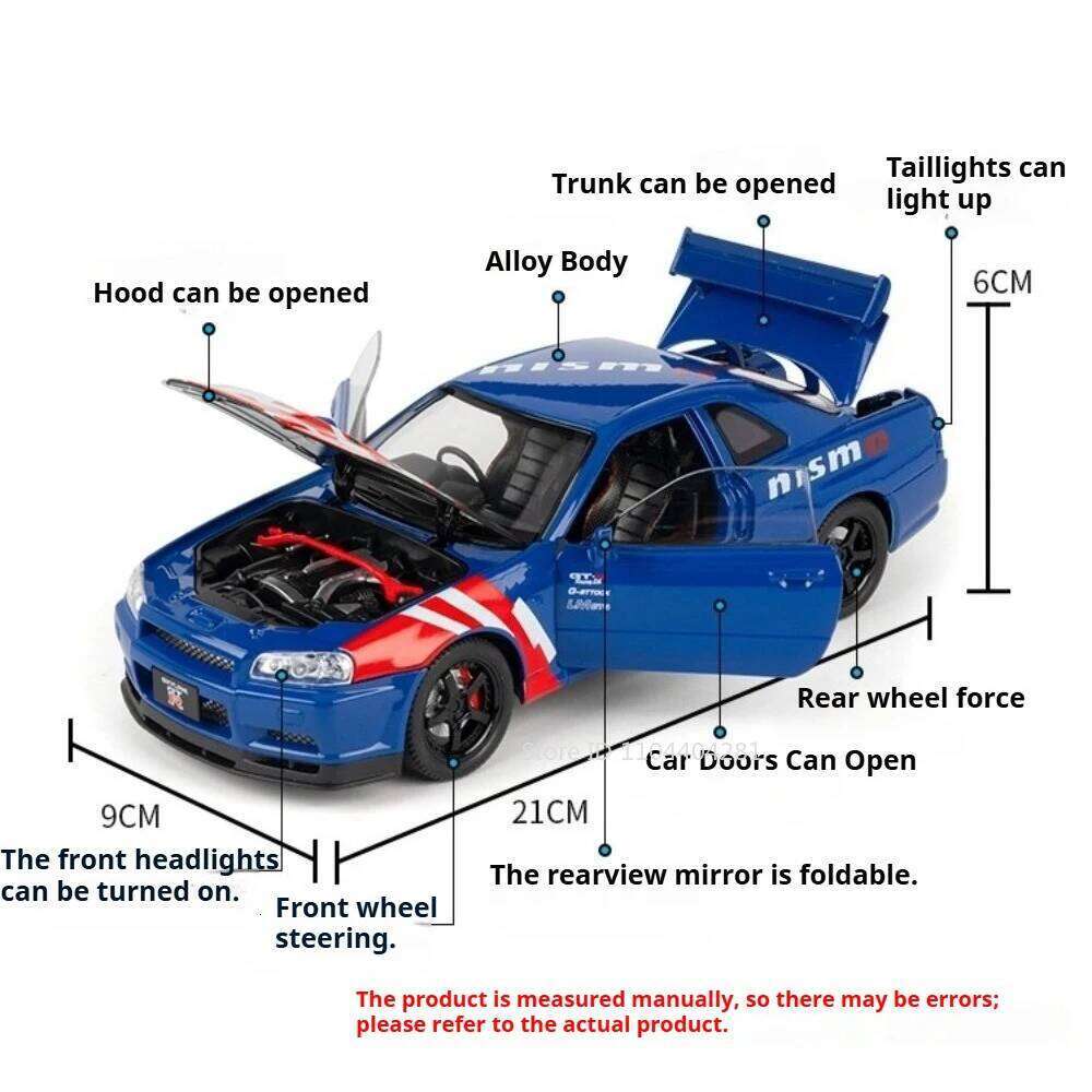 1:24 Mitsubishi EVO9 GTR R34 Sportscar Alloy Diecast Model Front Wheel Steering Sound Light Pull Back Vehcie Ornament Gift Z260306