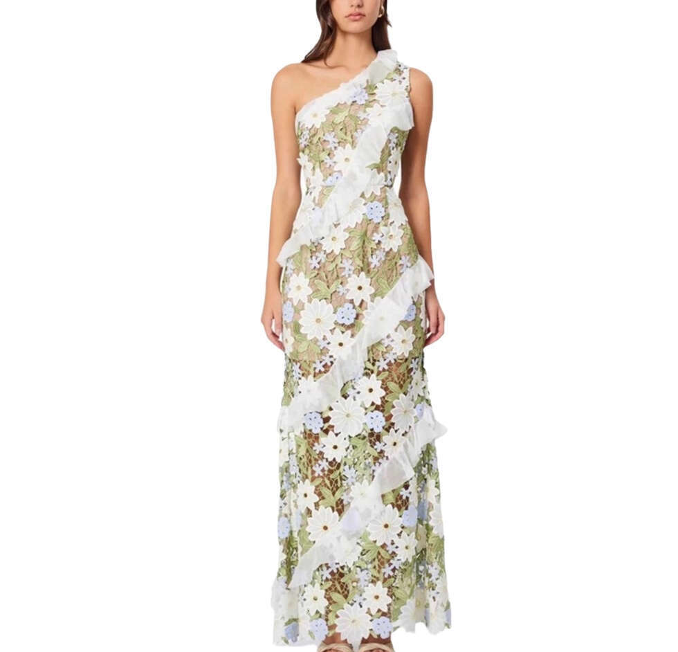 A1 2026 Spring and Summer Fashion Brand Design Single Shoulder Sleeveless Colorful Flower Lace Slimming Long Dress