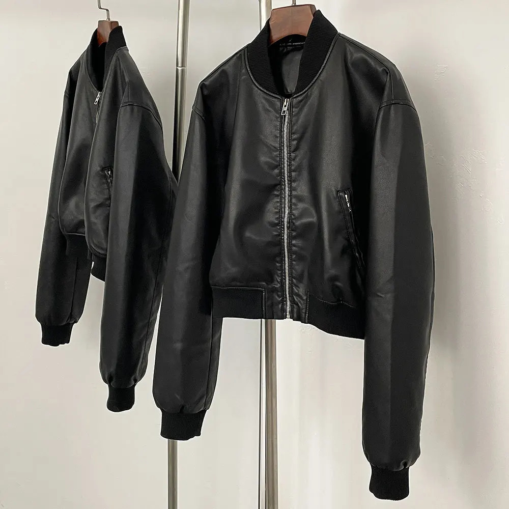 Autumn and winter leather solid color short coat retro style short zipper cardigan casual all match leather jacket female 260306