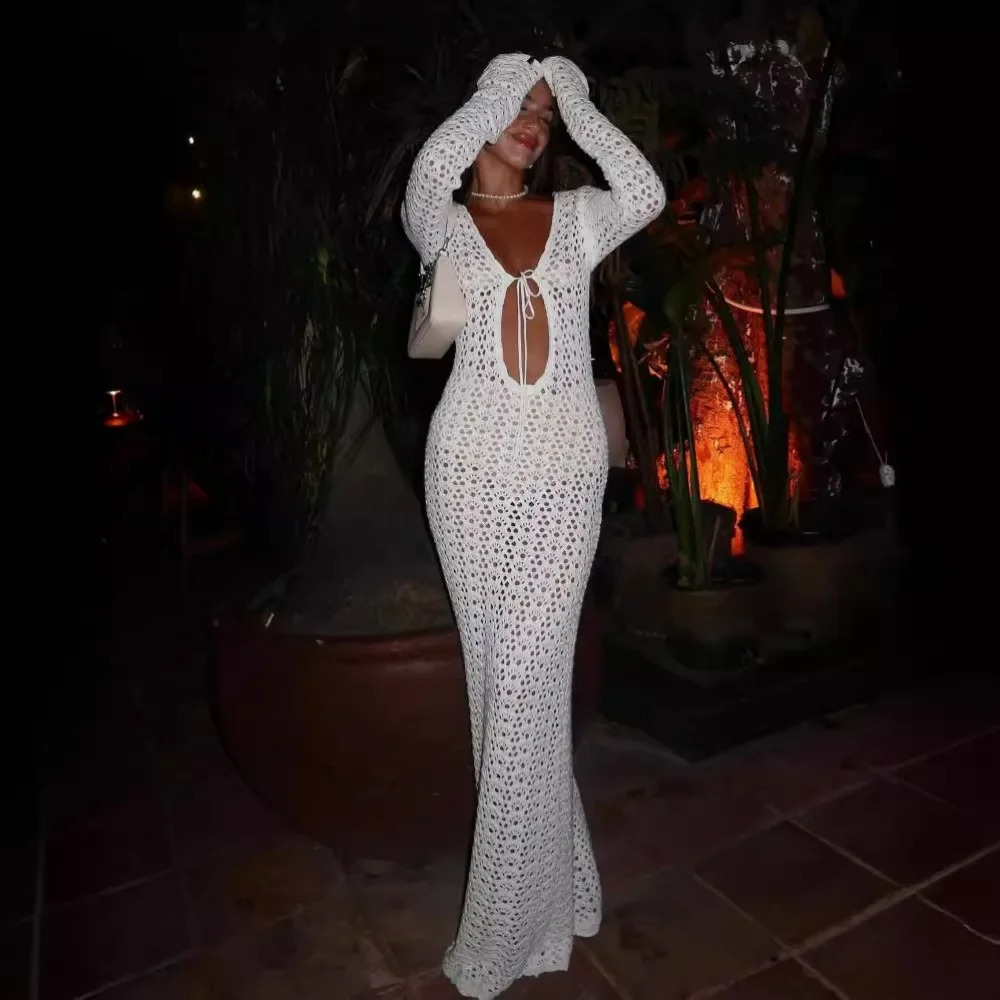 DRC Women Sexy Hollow Out Slim Maxi Boho Holiday White Knitted Beach Dresses Summer Long Sleeve Bikini Cover Up Dress 260306