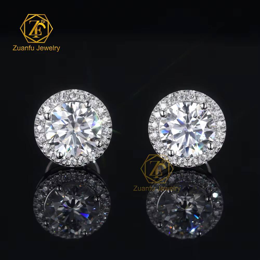 ZuanfoJewelry Eye Catching Round Shape Halo Earring D VVS 5/65/8MM Moissanite Earring Pass Diamond Tester 925Silver Gold Plated