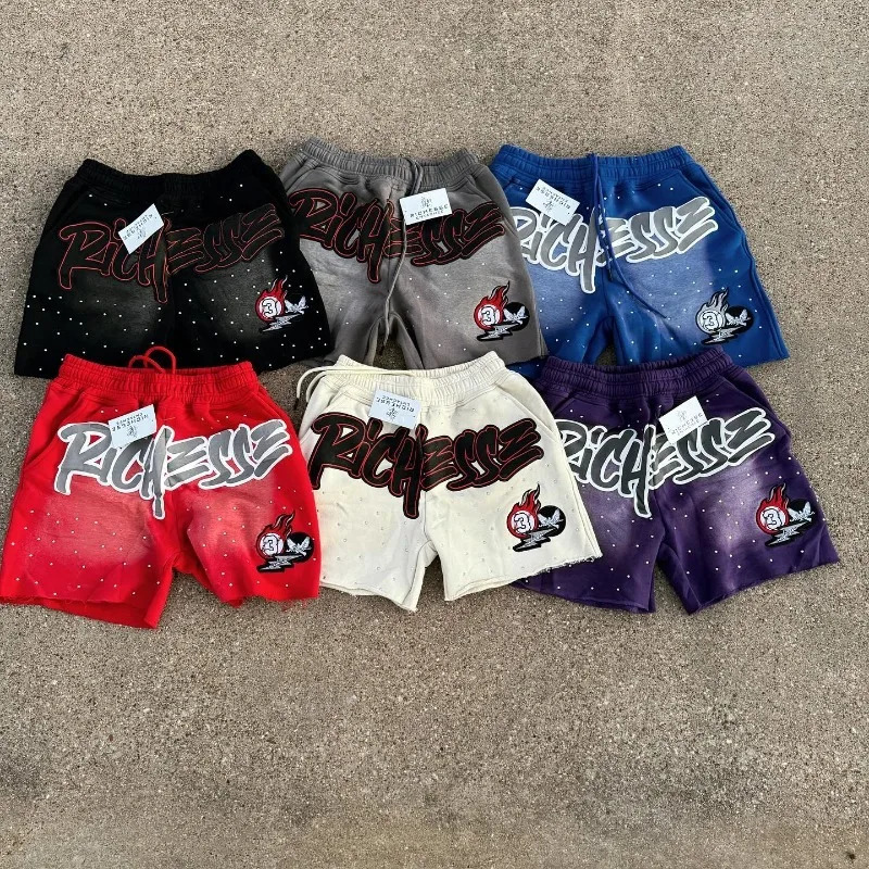 Y2K Harajuku Men Shorts Rhinestone Letter Print Cotton sweatpants Fashion Hip Hop Streetwear Loose Casual Shorts 260304
