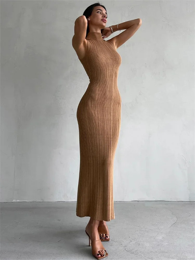 Tossy Sleeveless Knitwear Turtleneck Long Dress Female Slim Elegant Fashion Autumn Ribbed Knit Dress For Women Maxi Dress 260306