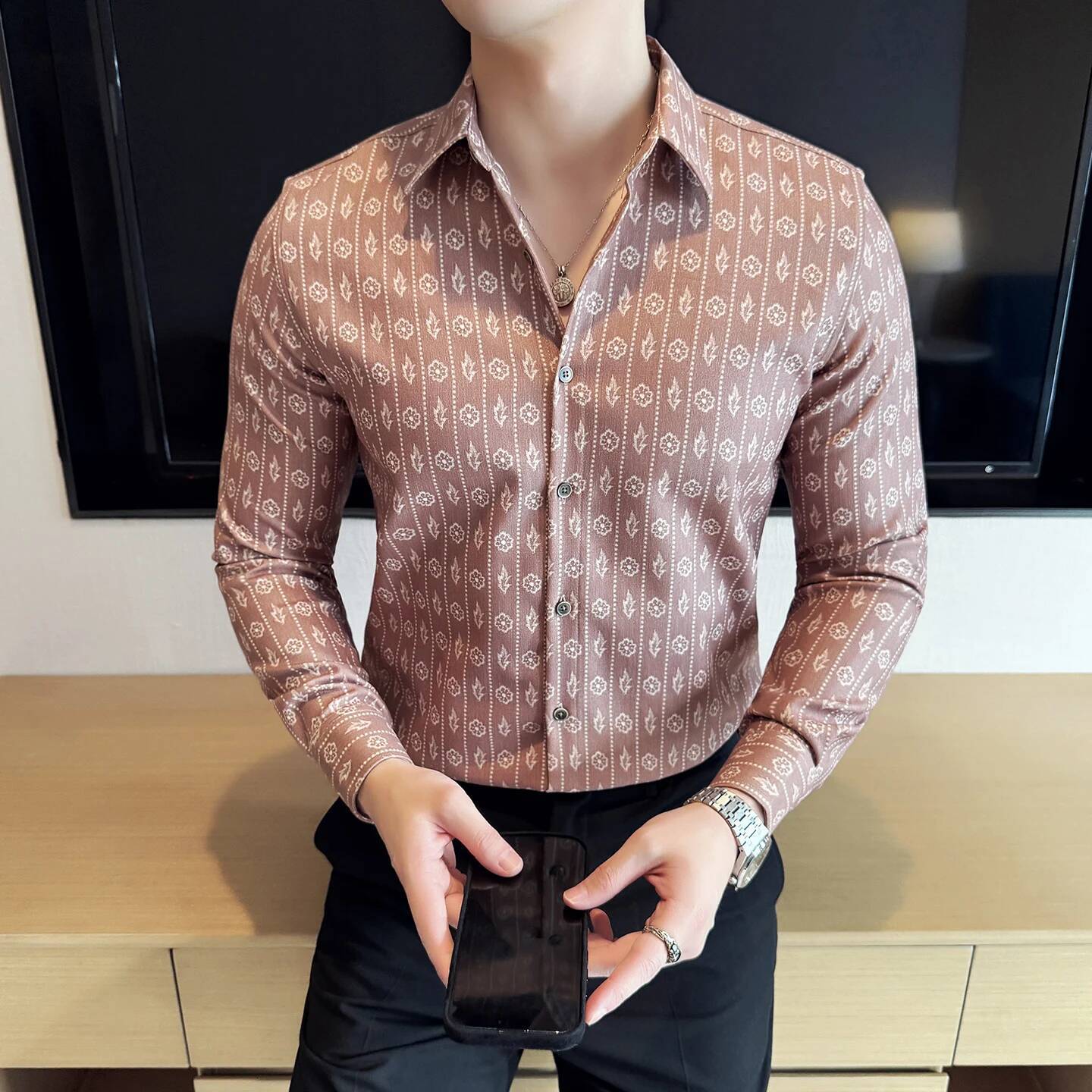Suede Autumn and Winter Thick Men's Long Sleeved Fashionable Casual Luxury Retro Printed Slim Fit Shirt 4XL-M