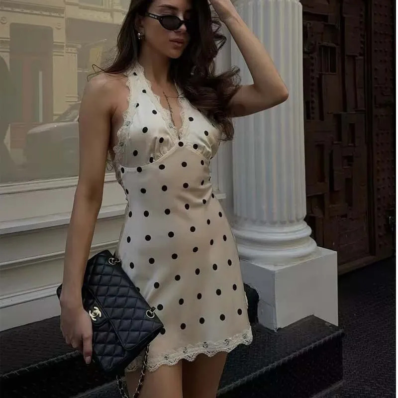 YENKYE Lace Spliced Polka Dot Halter Dress Women Elegant A-line Mini Sexy Backless Dresses Summer Robe 260306