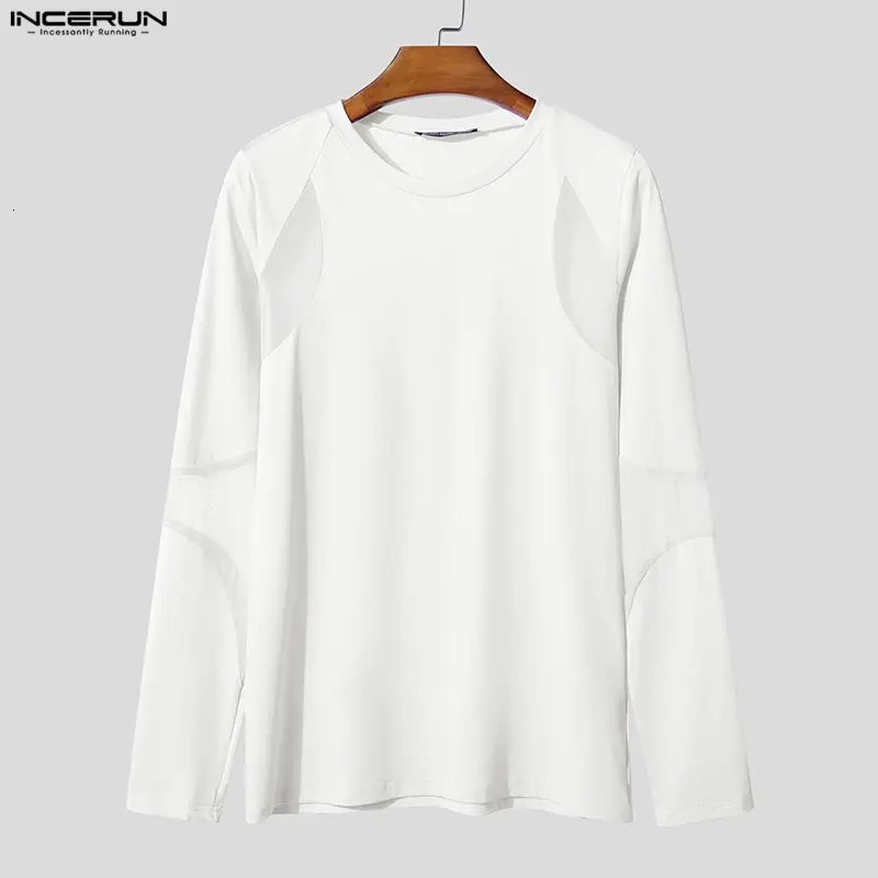 INCERUN Men T Shirt Mesh Patchwork See Through Oneck Long Sleeve Male Tee Tops Streetwear 2026 Fashion Casual Clothing Sexy 260228