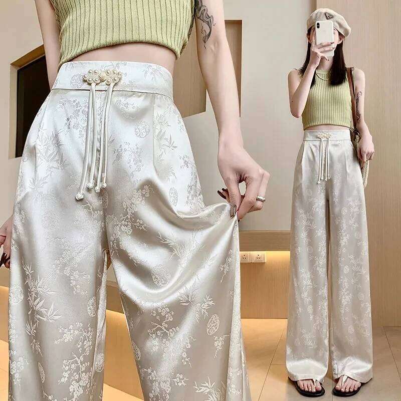 Mardi Hefxessdr New National Trend Button Embroidered Satin Wide Leg Pants Women's Casual High Waist Slimming Drapey Long Trousers style pants wo