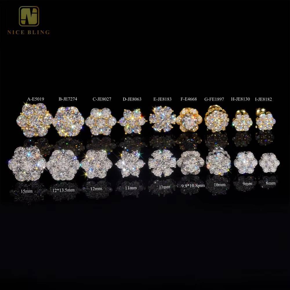 Hot Sale Pass Diamond Tester Hip Hop 925 Silver Gold Plated VVS Diamond Moissanite Flower Stud Earrings Cluster