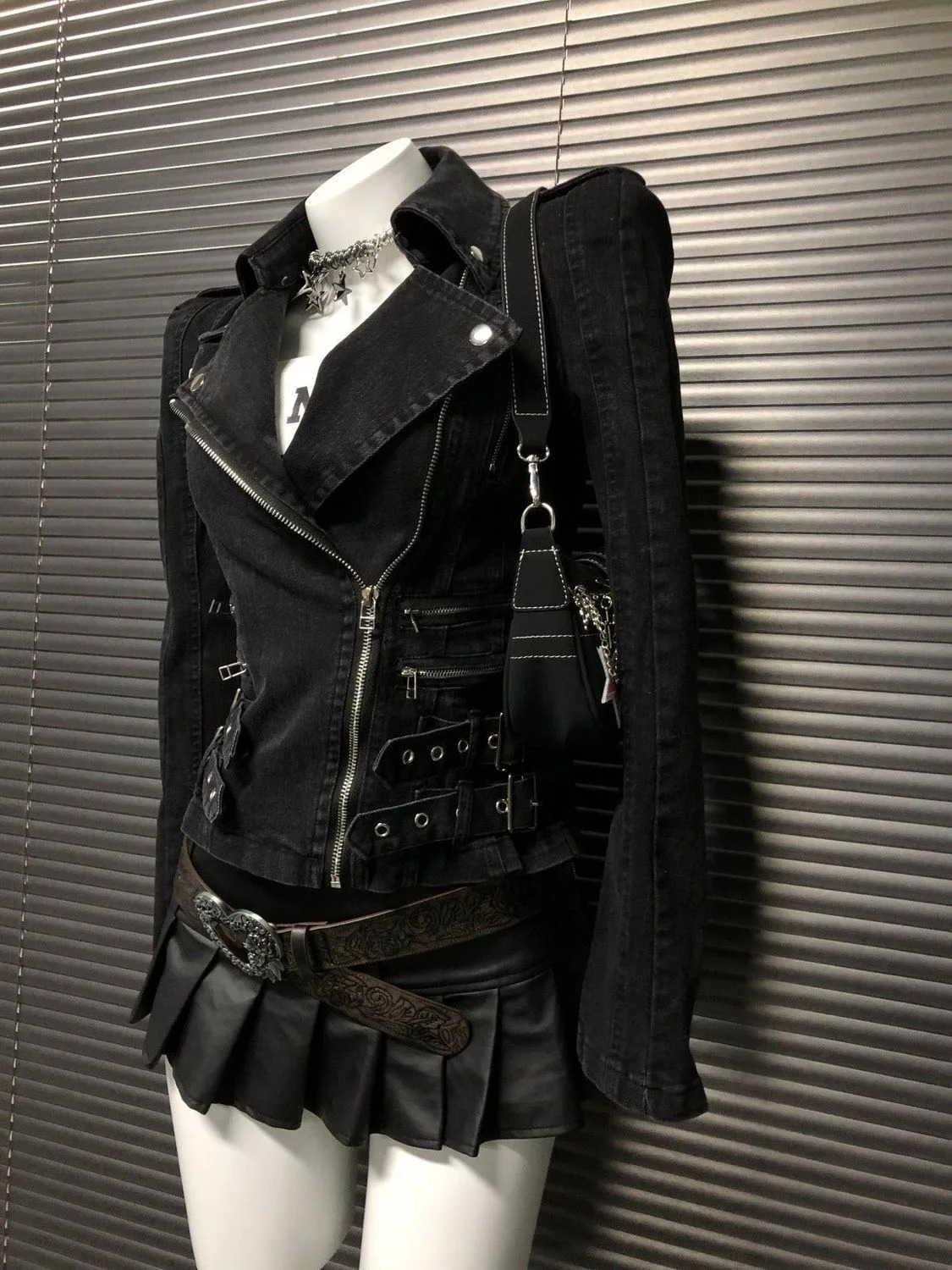 Y2K Gothic Black Coat Bomber Jacket Women Harajuku Vintage Turn Down Collar Denim Jacket Punk Diagonal Zipper Motorcycle Jacket 260303