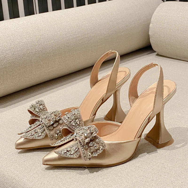 Liyke Fashion Sequined Crystal Bowknot Women Pumps Sexy Pointed Toe Red High Heels Wedding Banquet Shoes Ladies Slingback Sandal 260306