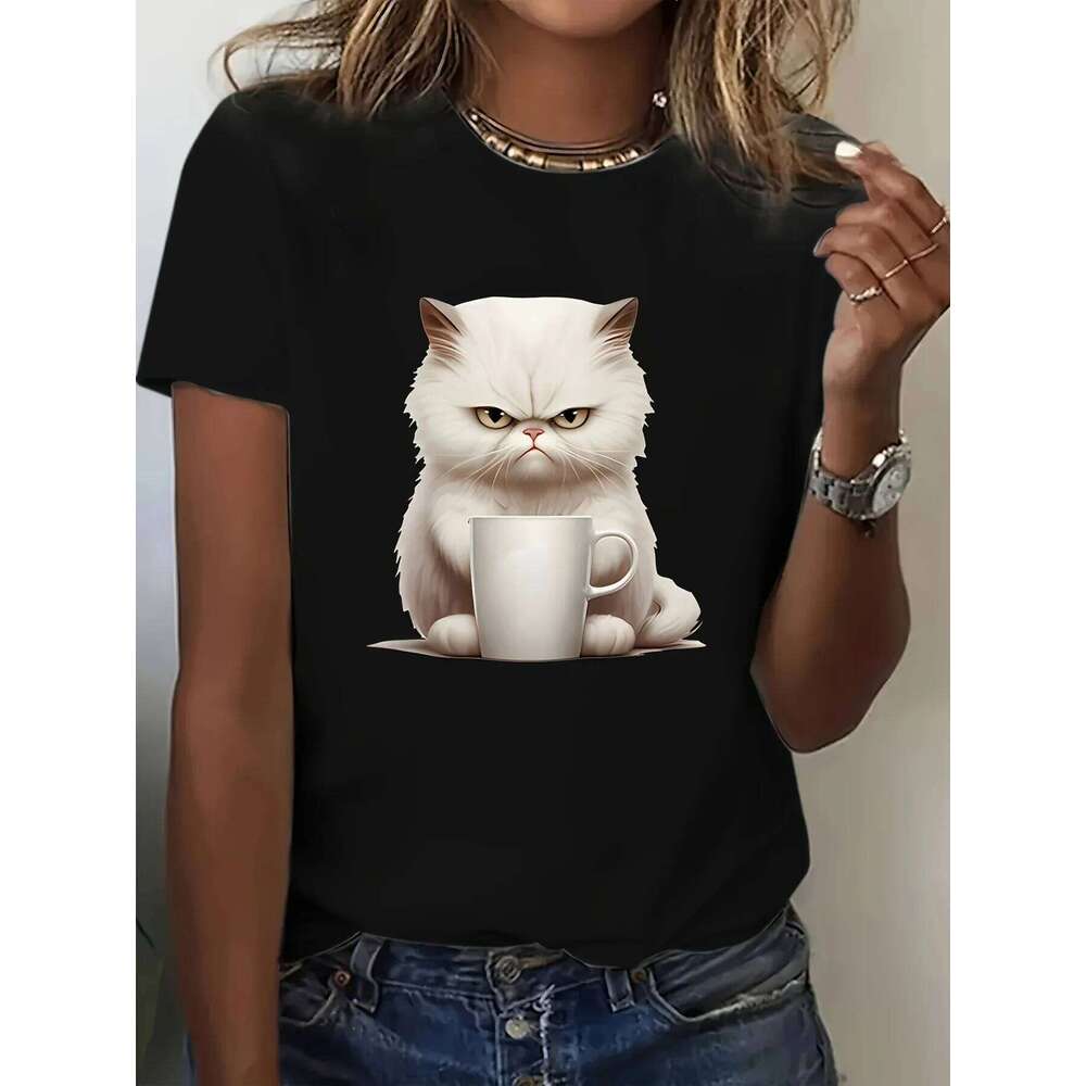 Angry Kitten Print Crew Neck Casual Short Sleeve T-Shirt for Spring Summer Women's Clothing XJ260306 XJ260306