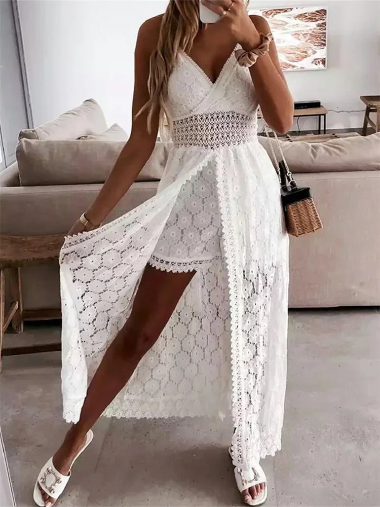 Summer Women Lace Playsuit Dress Sleeveless V Neck Hollow Out Irregular Midi Dress Sexy Elegant Casual Bohemian Dresses 260304