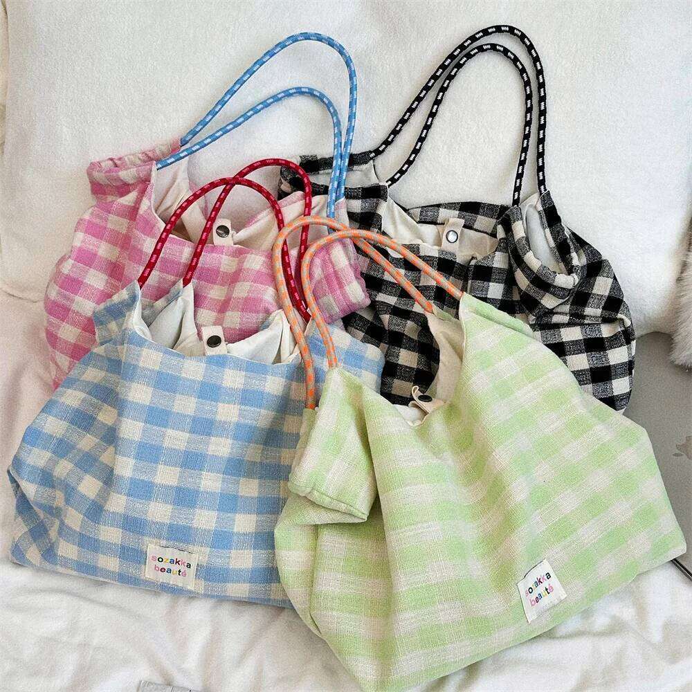 Japanese Style Women Plaid Shoulder Canvas Casual Sling Bag Bow Pattern Large Capacity Female Outdoor Handbag Backpack XJ260306