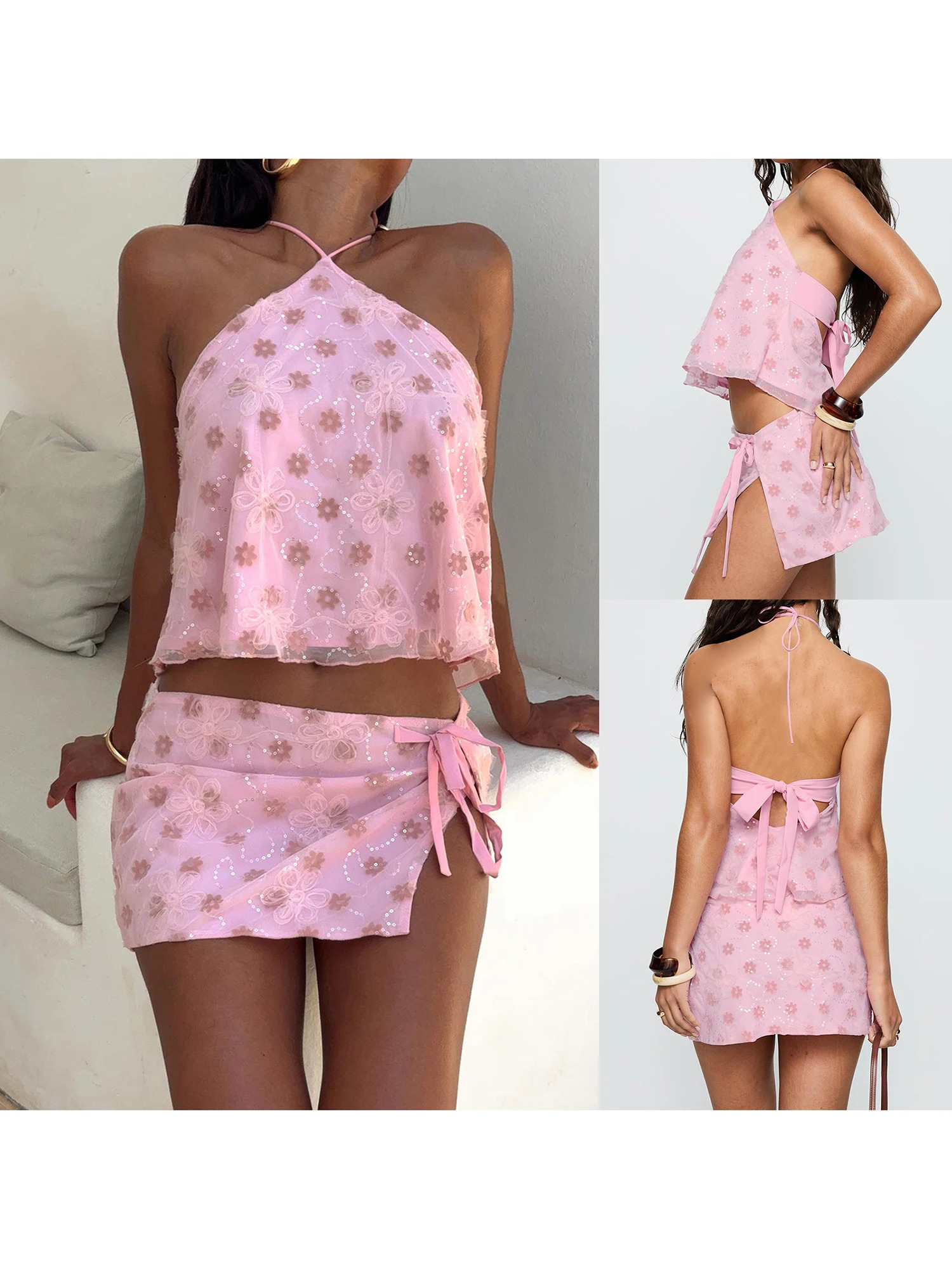 Women s Elegant Floral Print Ruffle Sleeveless Halter Neck Crop Top with High Waist ALine Mini Skirt 2 Piece Set for Summer 260306