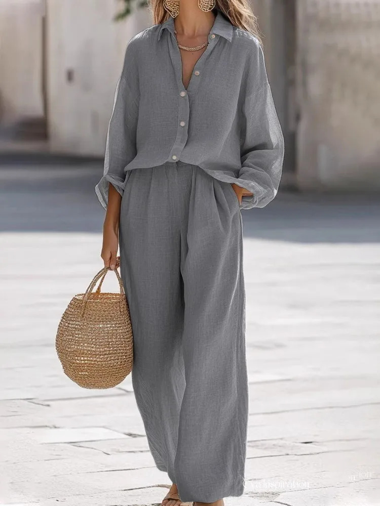 Lady Cotton Linen Shirt Pants Suits Casual Two Piece Set For Women Autumn Long Sleeve Top And Wide Leg Pants Loose Outfits 260304