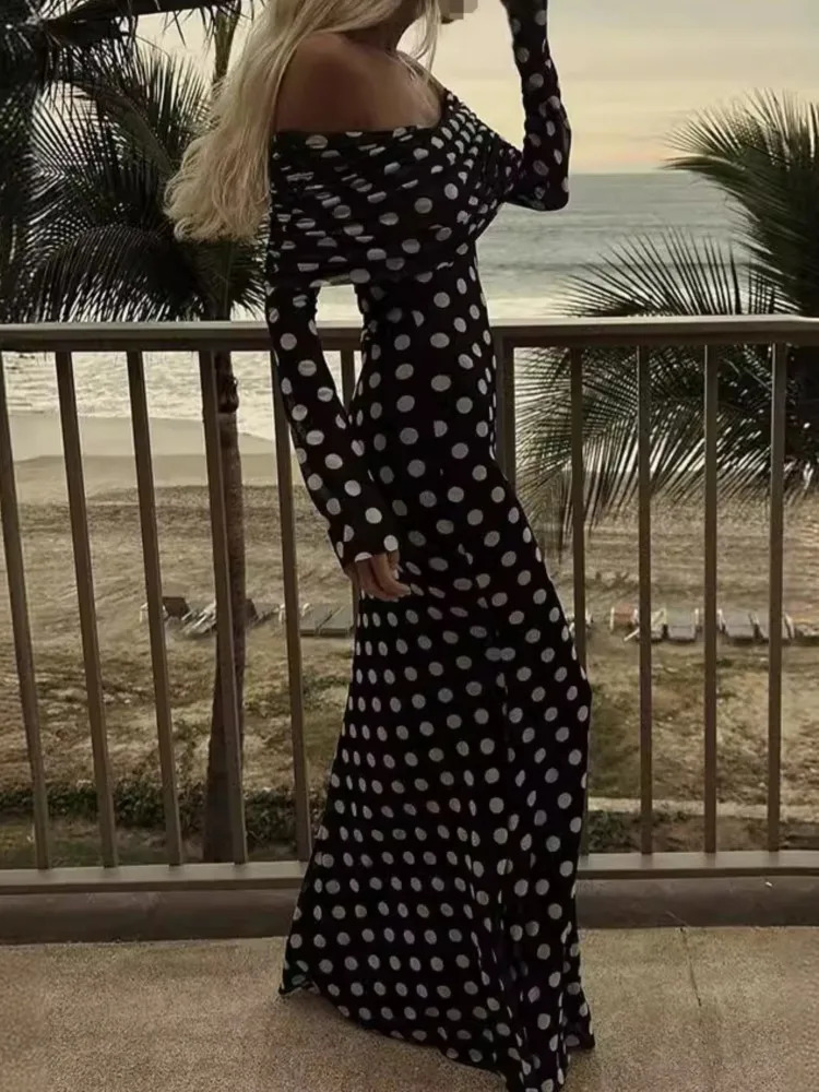 Summer Sexy Polka Dots Vacation Style Fashion Party Womens Long Elegant Off Shoulder One Wave Dot Slim Fit Dress 260306