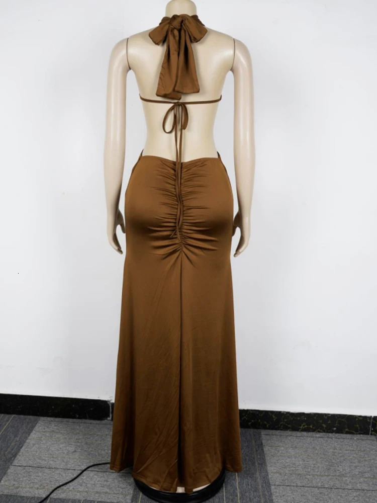 Beyprern Chic Halter V Neck O Rings Long Maxi Dress Glam Women Sexy Backless Ruched High Slit Party Dresses Birthday Outfits 260306