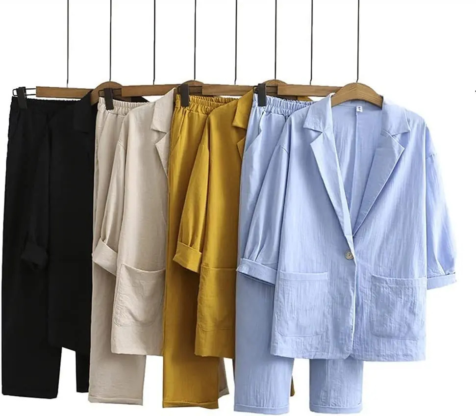 Womens cotton and linen 2-piece suit jacket trousers Spring and autumn loose fashion casual cotton and linen suit top set 260304