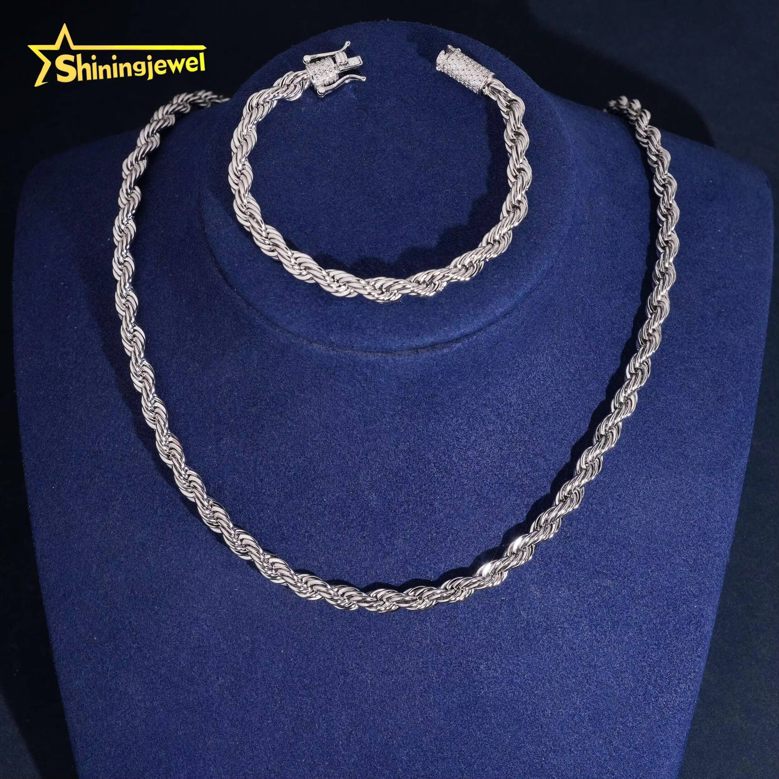 High Quality 6MM Solid 925 Silver VVS Moissanite Clasp Iced Out Hip Hop Jewelry Diamond Stainless Steel Rope Chain Men Necklace