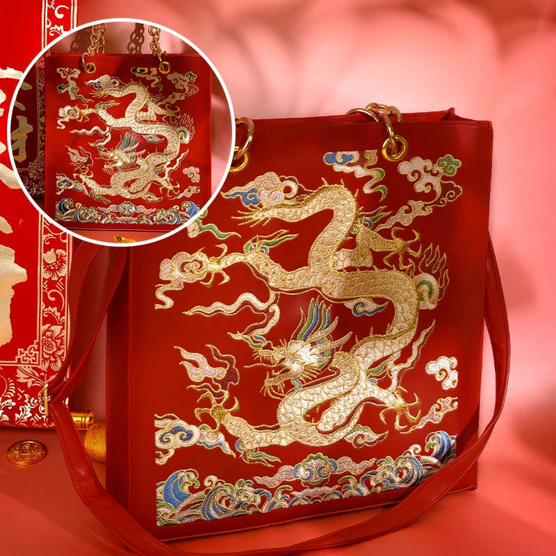 Original Antique Festive Bride Handbag Gift Gold Bags Chinese Red Bag Female Wedding Hanfu Embroidered Dragon for Women 260307