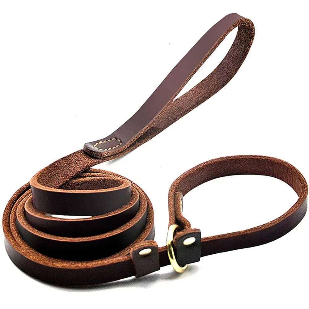 Genuine Leather Slip Rope Strong Heavy Duty Dog No Pull Training Lead Leash Collar For Dogs Bamubi