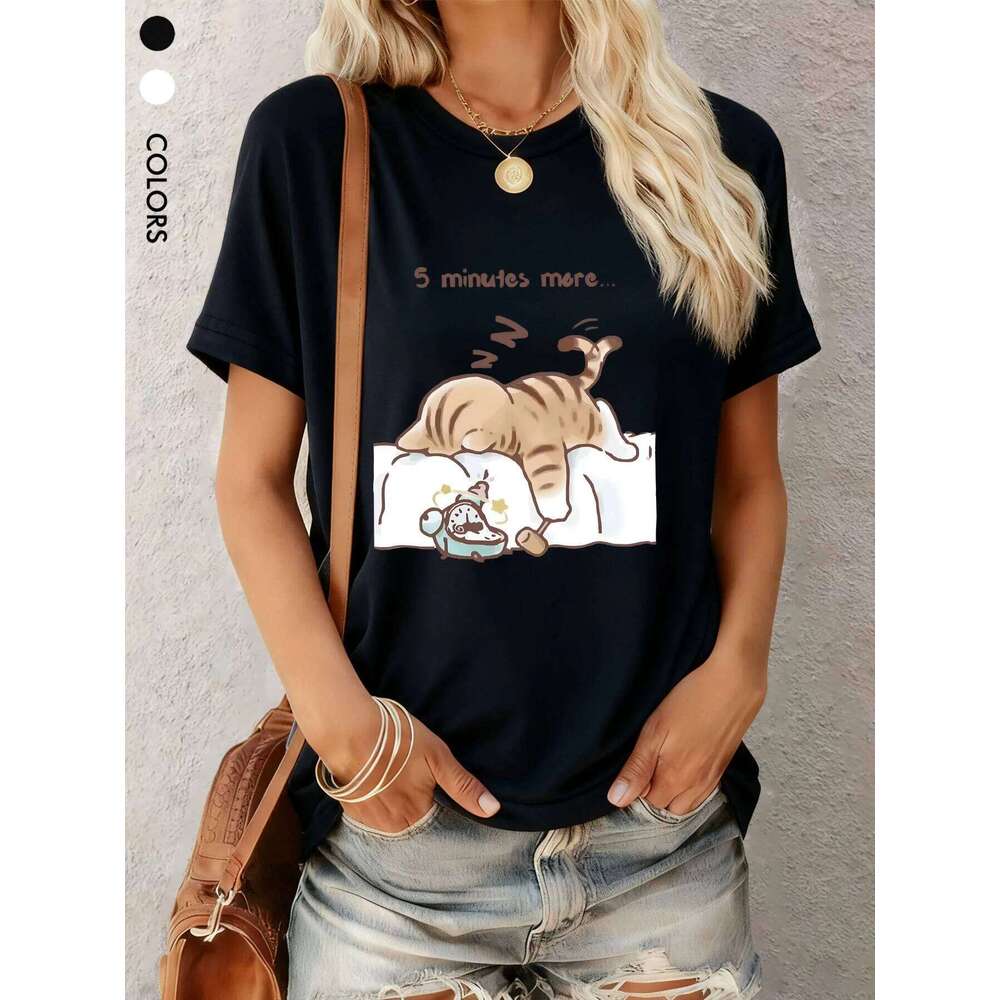 Summer Sleeping Cat Print T-Shirt Round Neck Soft and Loose-Fitting Top Essential Women's Style XJ260306 XJ260306