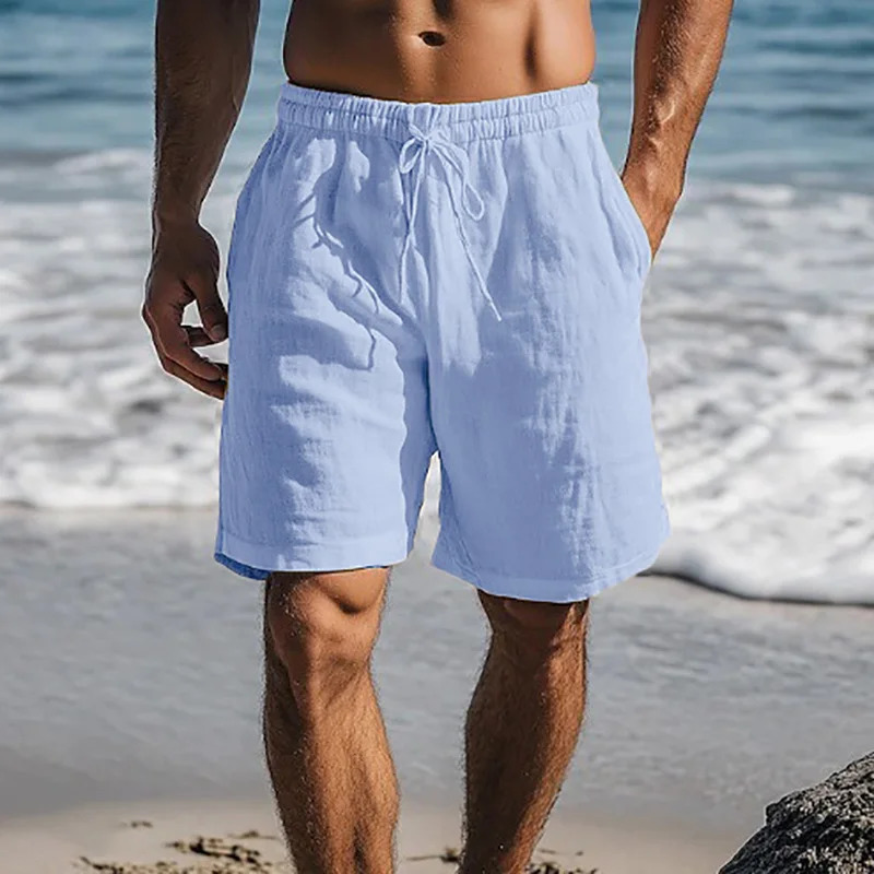 Men Cotton Linen Shorts Summer Lightweight Breathable Casual Beach Style Basic Solid Color Sweatpants Elastic Waist 260306